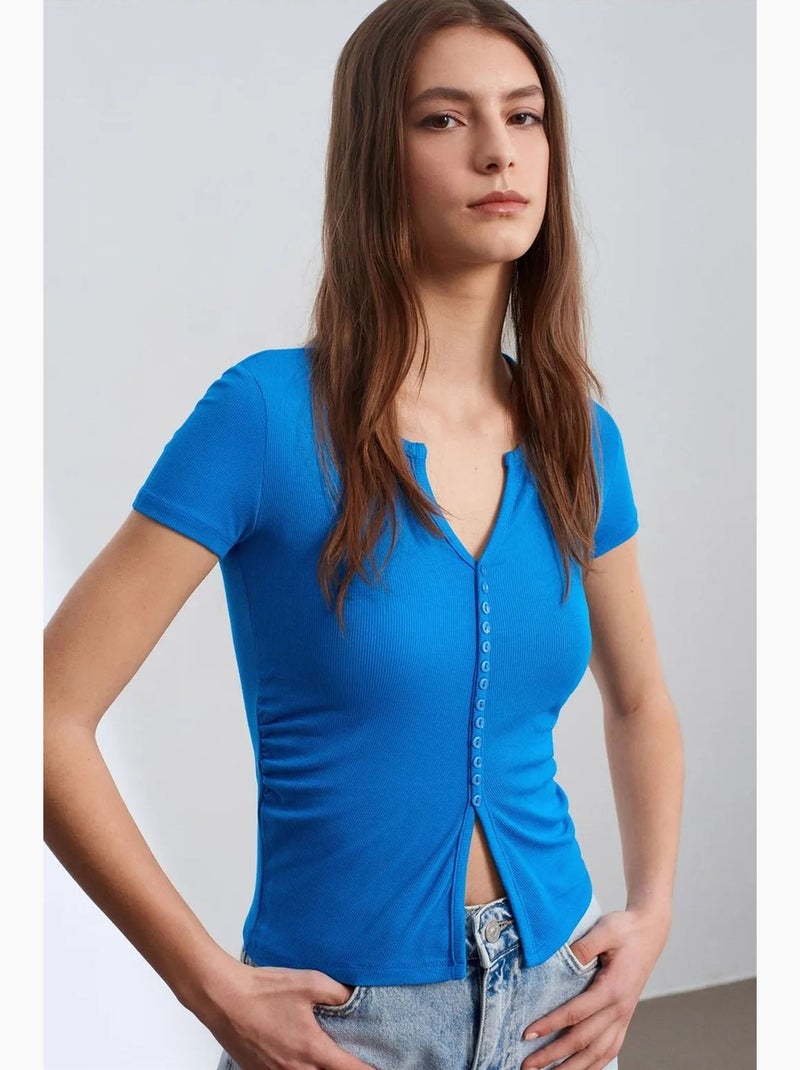 Camiseta decote redondo botões manga comprida justa dilvin Azul-cobalto - Kiabi