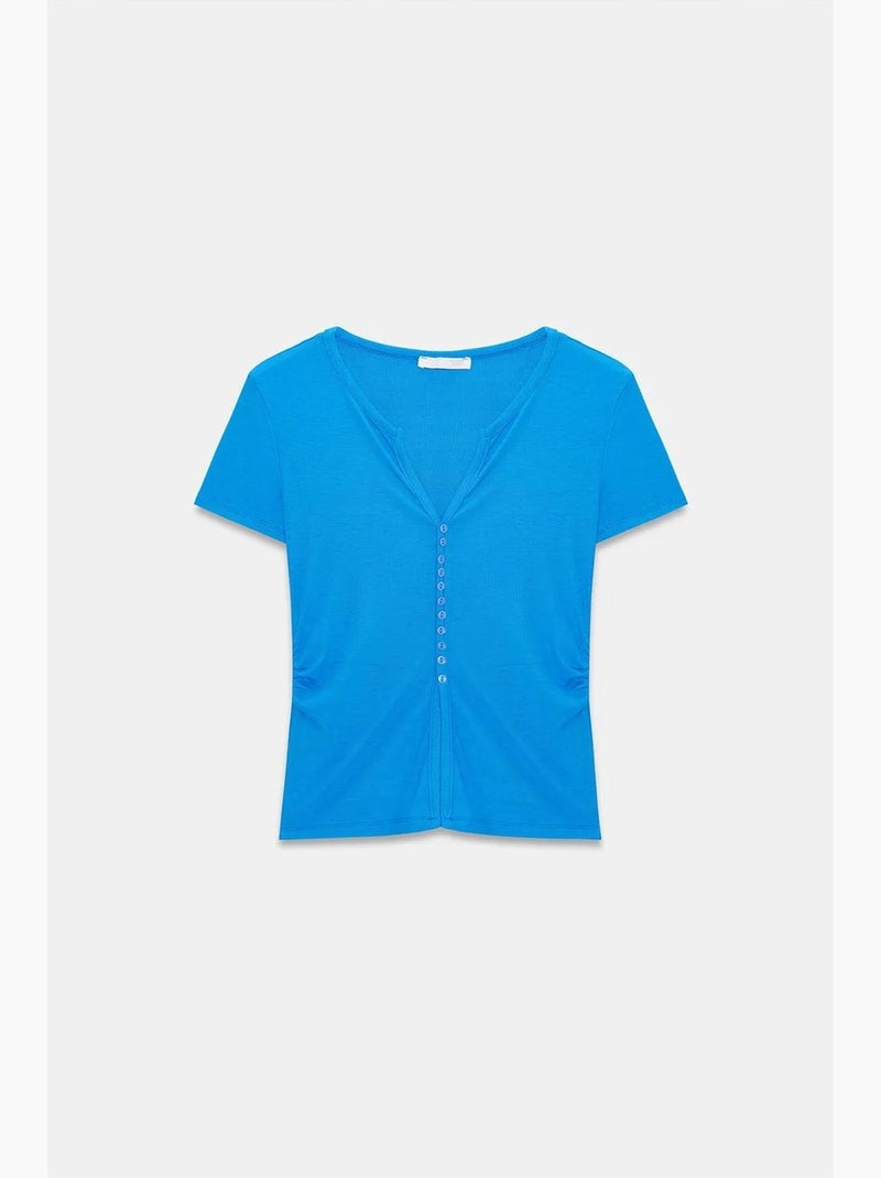 Camiseta decote redondo botões manga comprida justa dilvin Azul-cobalto - Kiabi