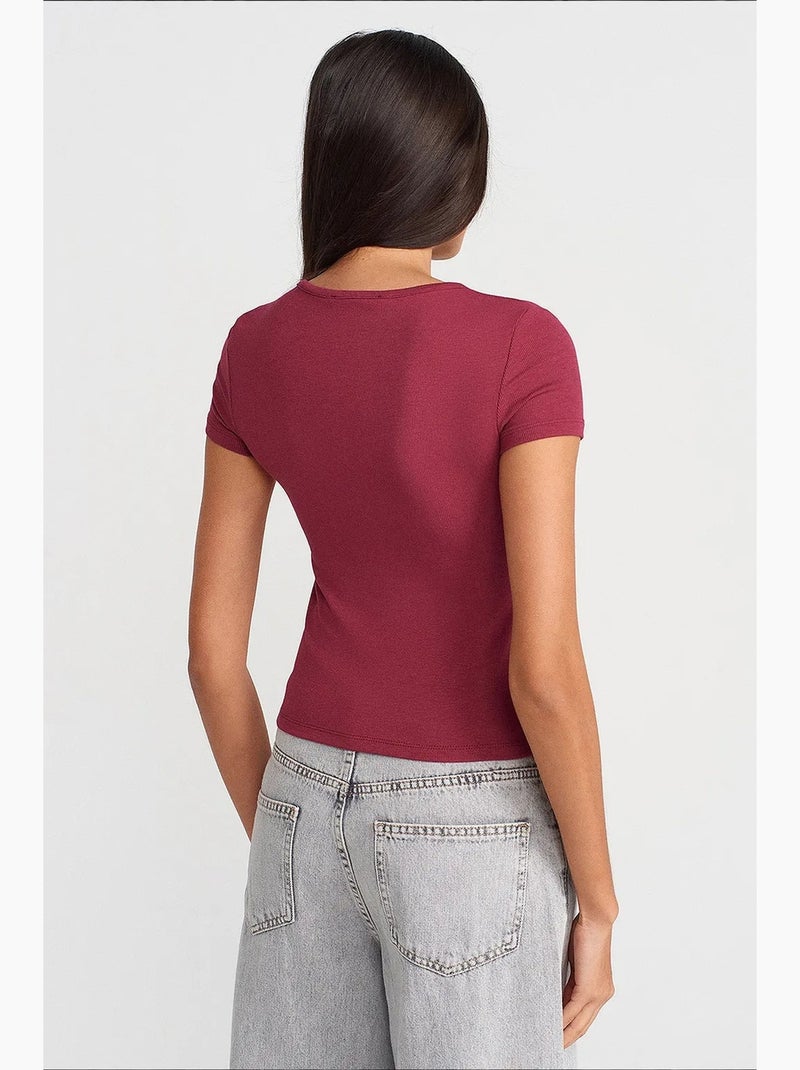 Camiseta decote redondo botões manga comprida justa dilvin Vermelho bordô - Kiabi