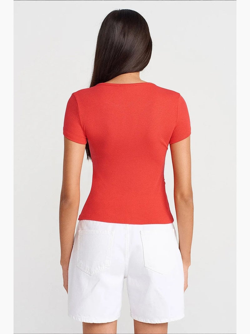 Camiseta decote redondo botões manga comprida justa dilvin Vermelho - Kiabi