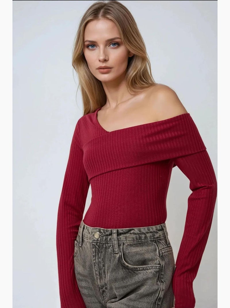 Camiseta gola assimétrica malha texturizada manga comprida hiccup Vermelho bordô - Kiabi