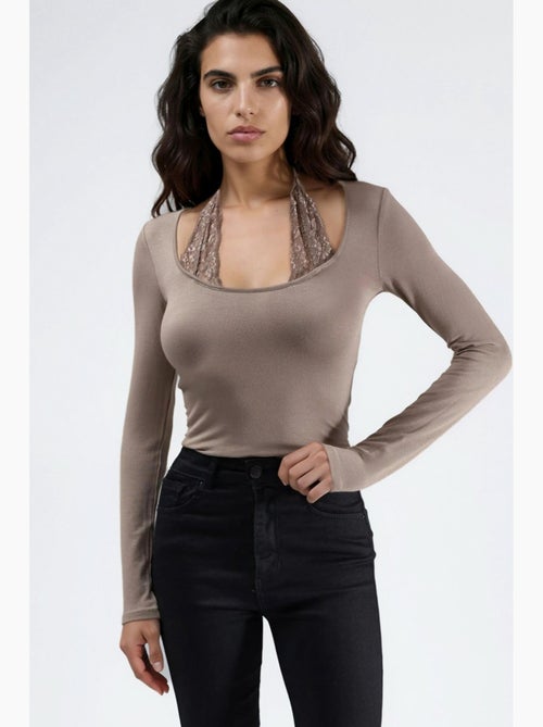 Camiseta gola halter renda viscose elástica manga comprida hiccup - Kiabi