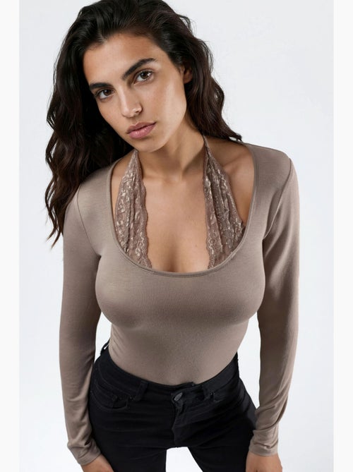 Camiseta gola halter renda viscose elástica manga comprida hiccup - Kiabi
