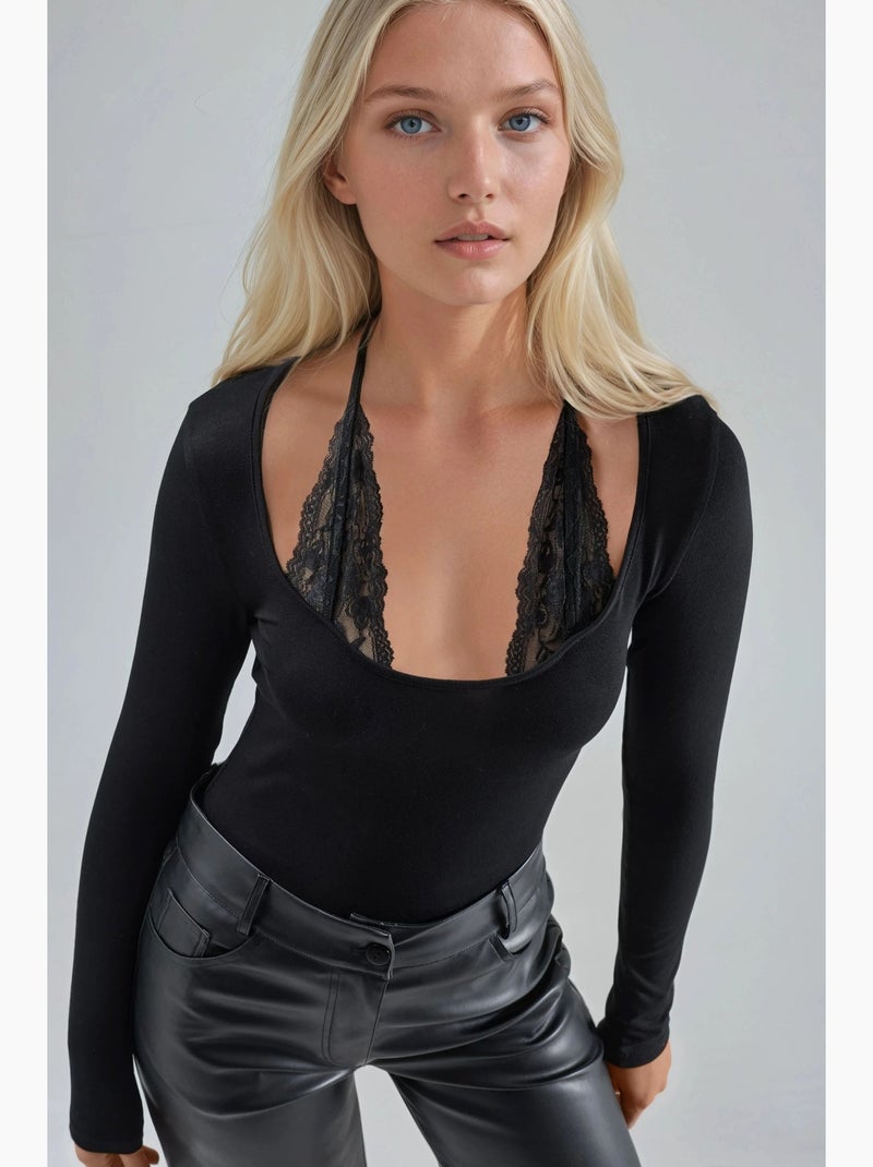 Camiseta gola halter renda viscose elástica manga comprida hiccup Preto - Kiabi