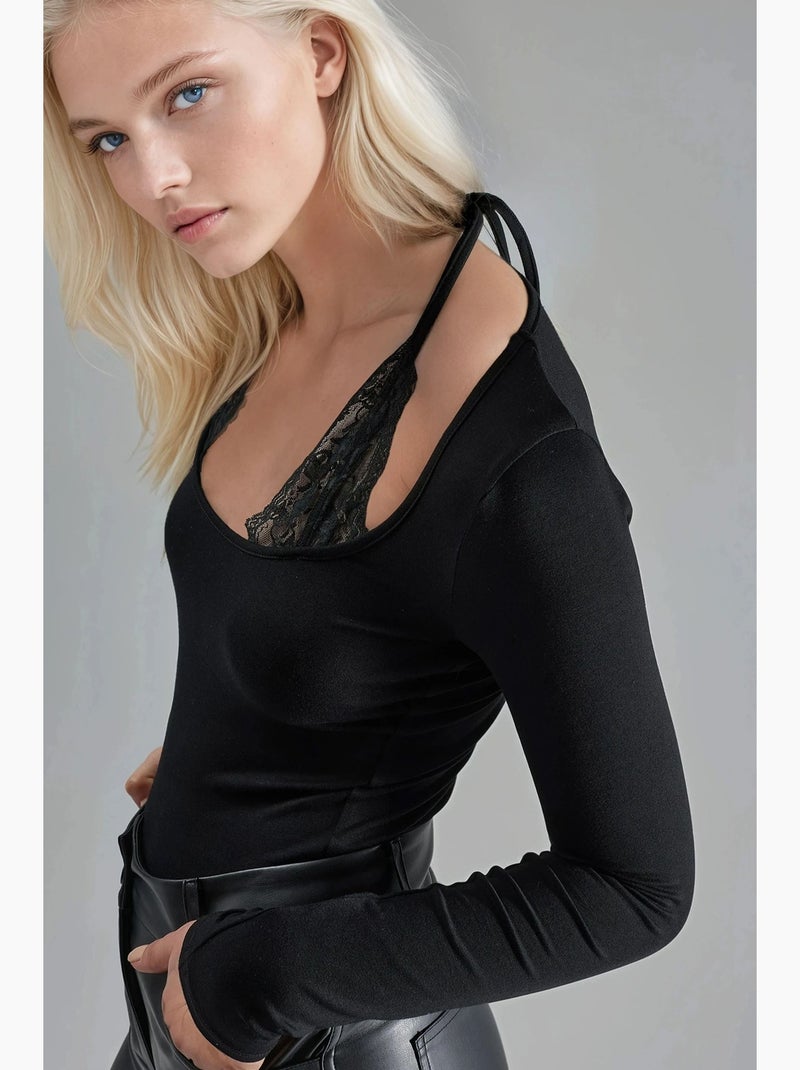 Camiseta gola halter renda viscose elástica manga comprida hiccup Preto - Kiabi