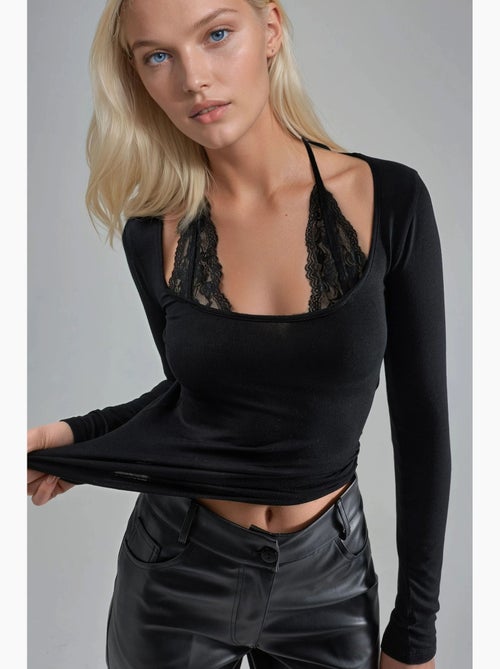 Camiseta gola halter renda viscose elástica manga comprida hiccup - Kiabi Camiseta gola halter renda viscose elástica manga comprida hiccup - Kiabi