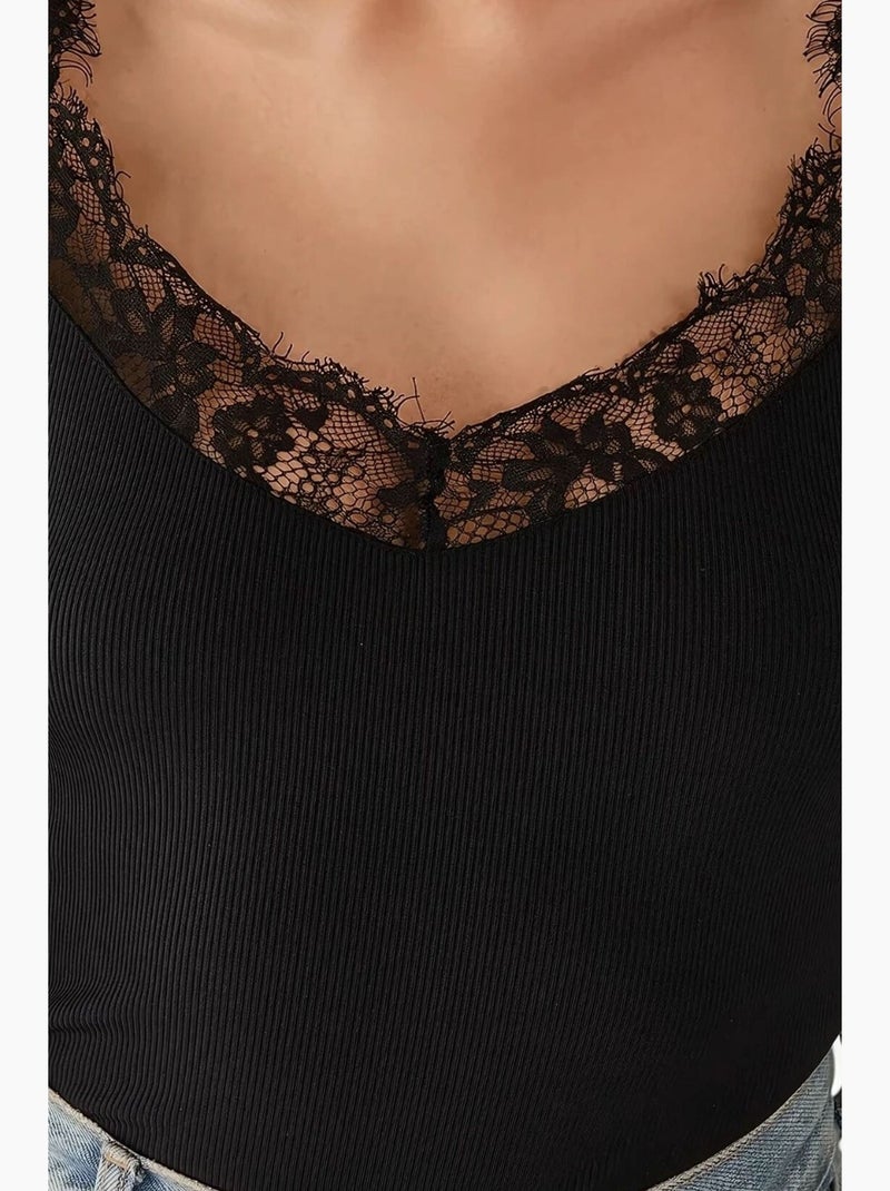 Camiseta justa decote em v de malha com renda manga comprida hiccup Preto - Kiabi