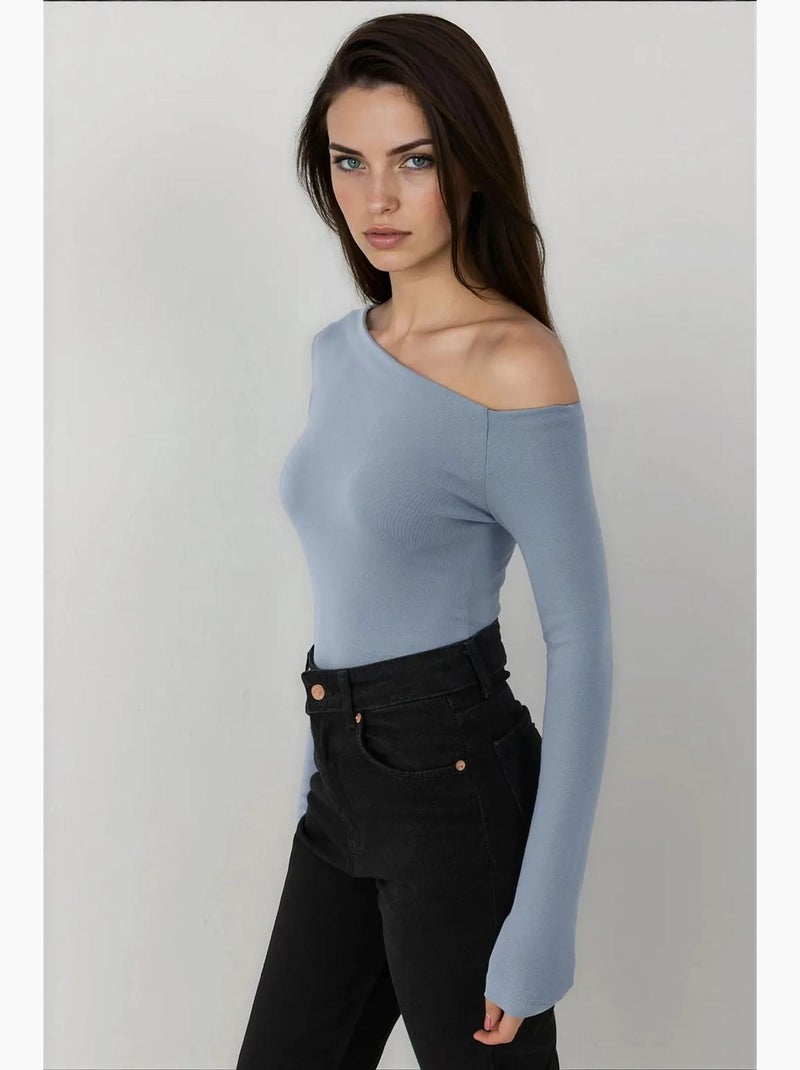Camiseta justa gola assimétrica manga comprida hiccup Azul-céu - Kiabi