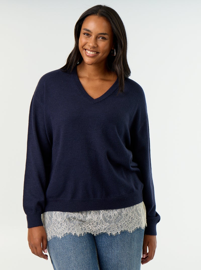 Camisola 2 em 1 com mistura de lã e renda Azul - Kiabi
