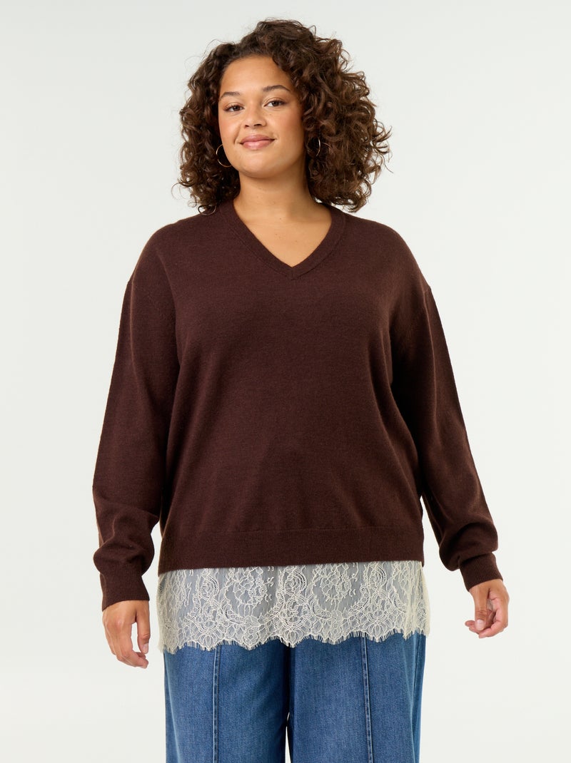 Camisola 2 em 1 com mistura de lã e renda Castanho - Kiabi