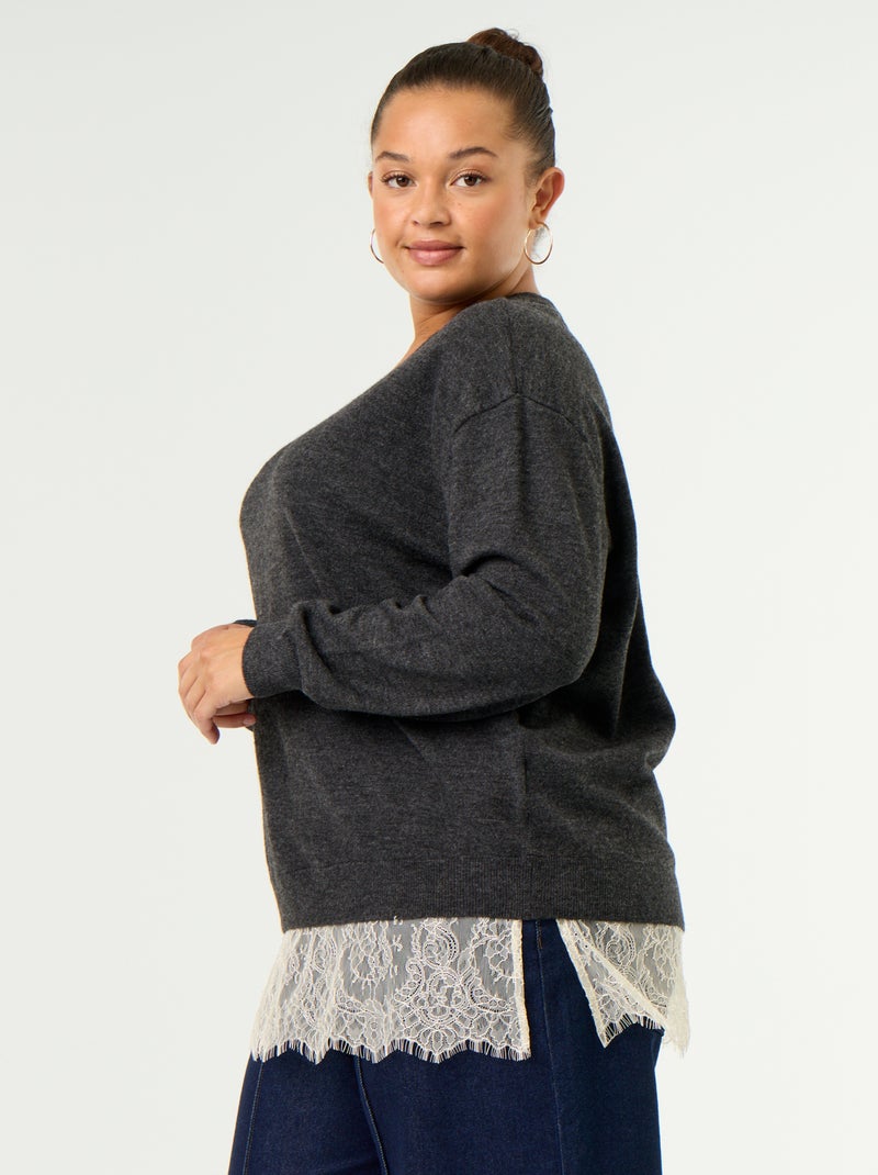 Camisola 2 em 1 com mistura de lã e renda Cinza - Kiabi