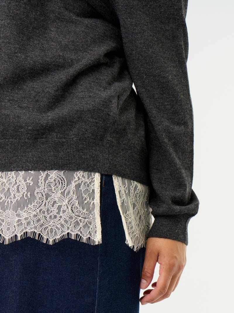 Camisola 2 em 1 com mistura de lã e renda Cinza - Kiabi