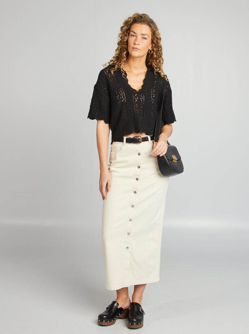 Camisola ajurada com gola de polo Preto - Kiabi