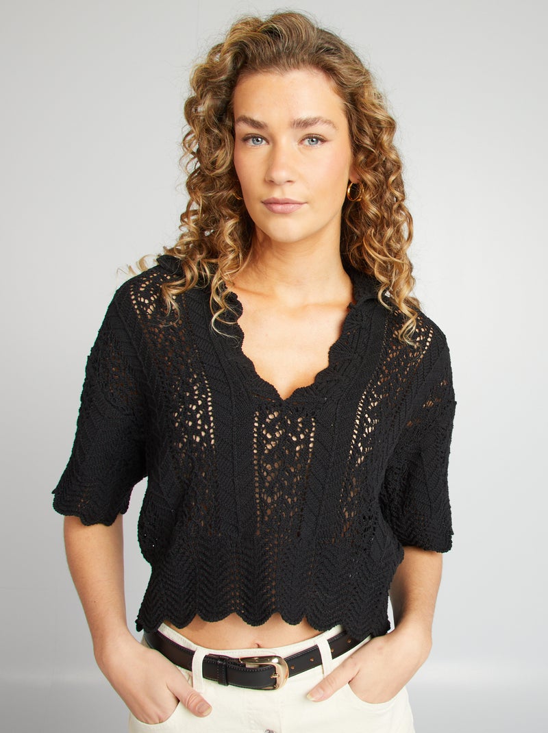 Camisola ajurada com gola de polo Preto - Kiabi