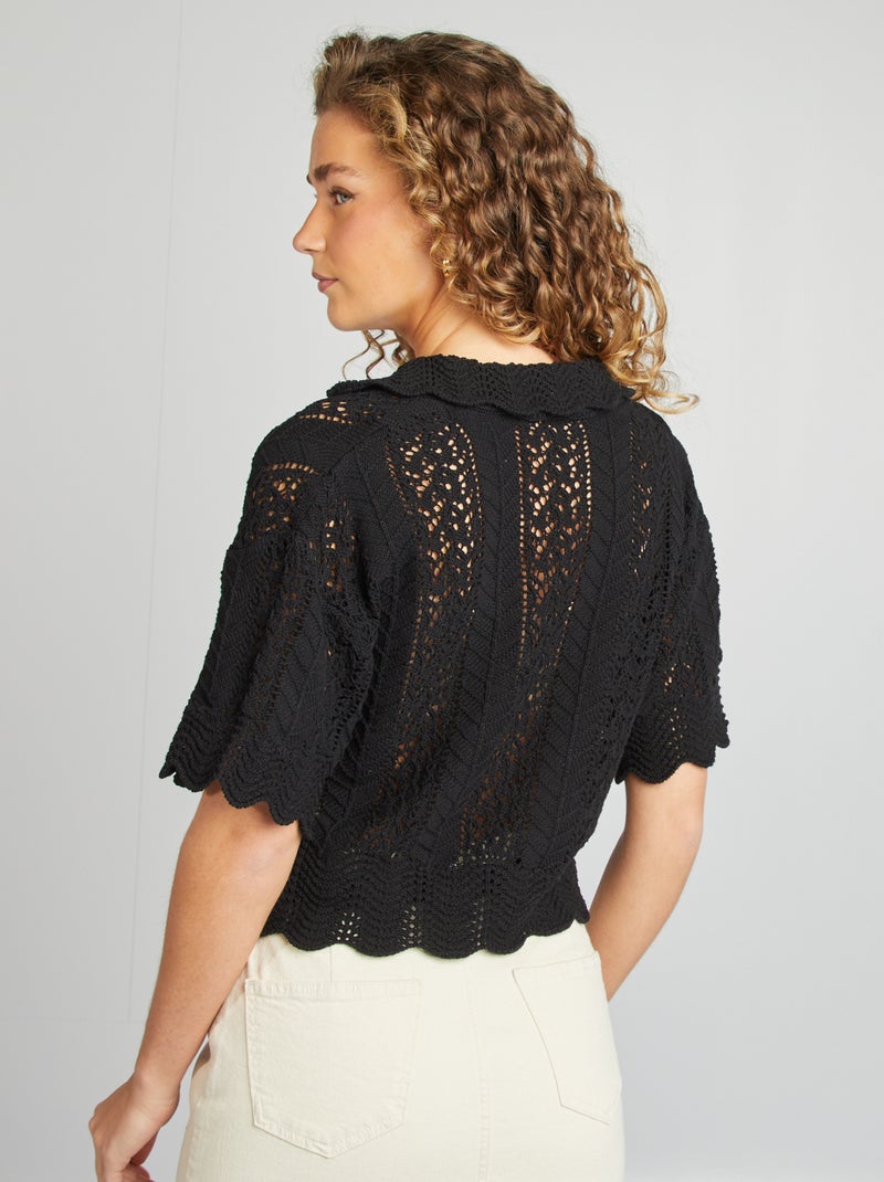 Camisola ajurada com gola de polo Preto - Kiabi