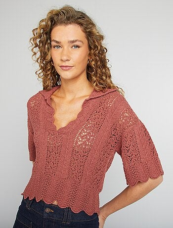 Camisola ajurada com gola de polo