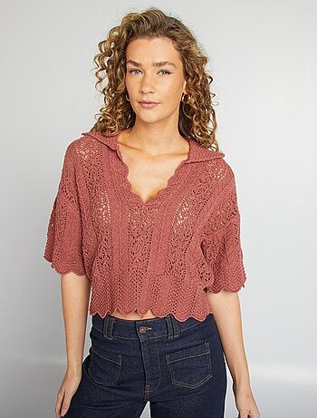 Camisola ajurada com gola de polo