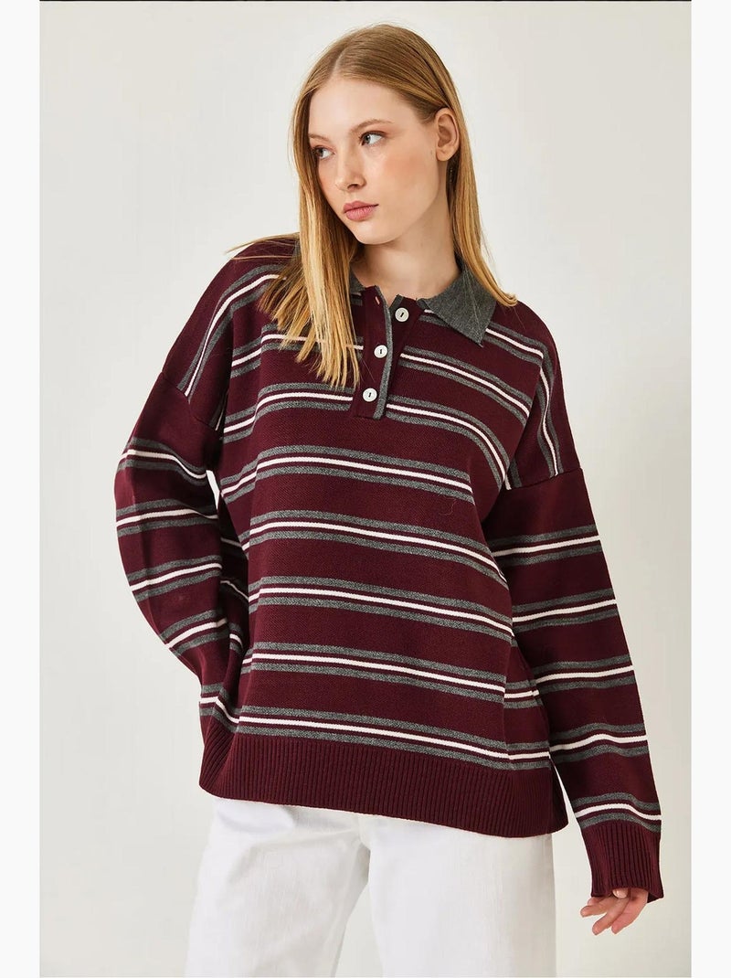 Camisola às riscas com botões e gola polo lucci Vermelho bordô - Kiabi
