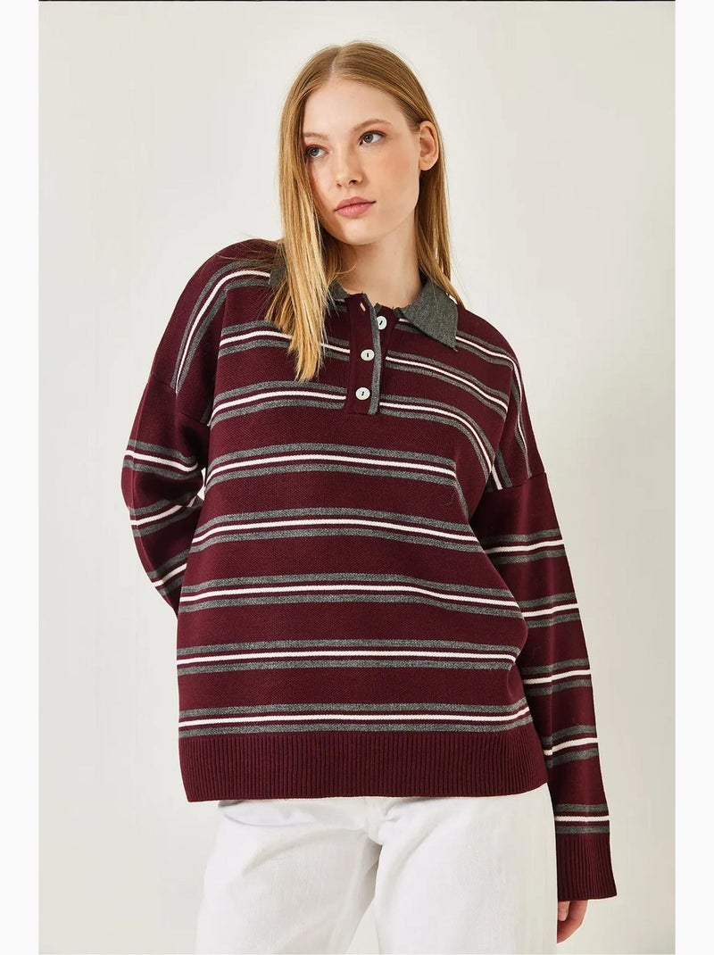 Camisola às riscas com botões e gola polo lucci Vermelho bordô - Kiabi