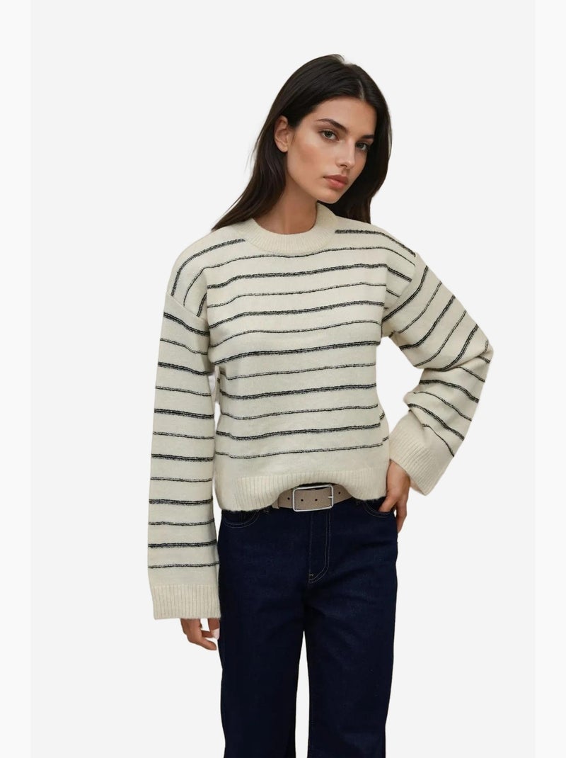 Camisola às riscas com decote redondo e toque suave hiccup Creme - Kiabi