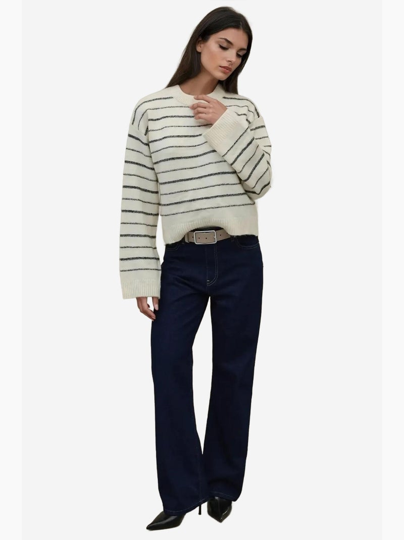 Camisola às riscas com decote redondo e toque suave hiccup Creme - Kiabi