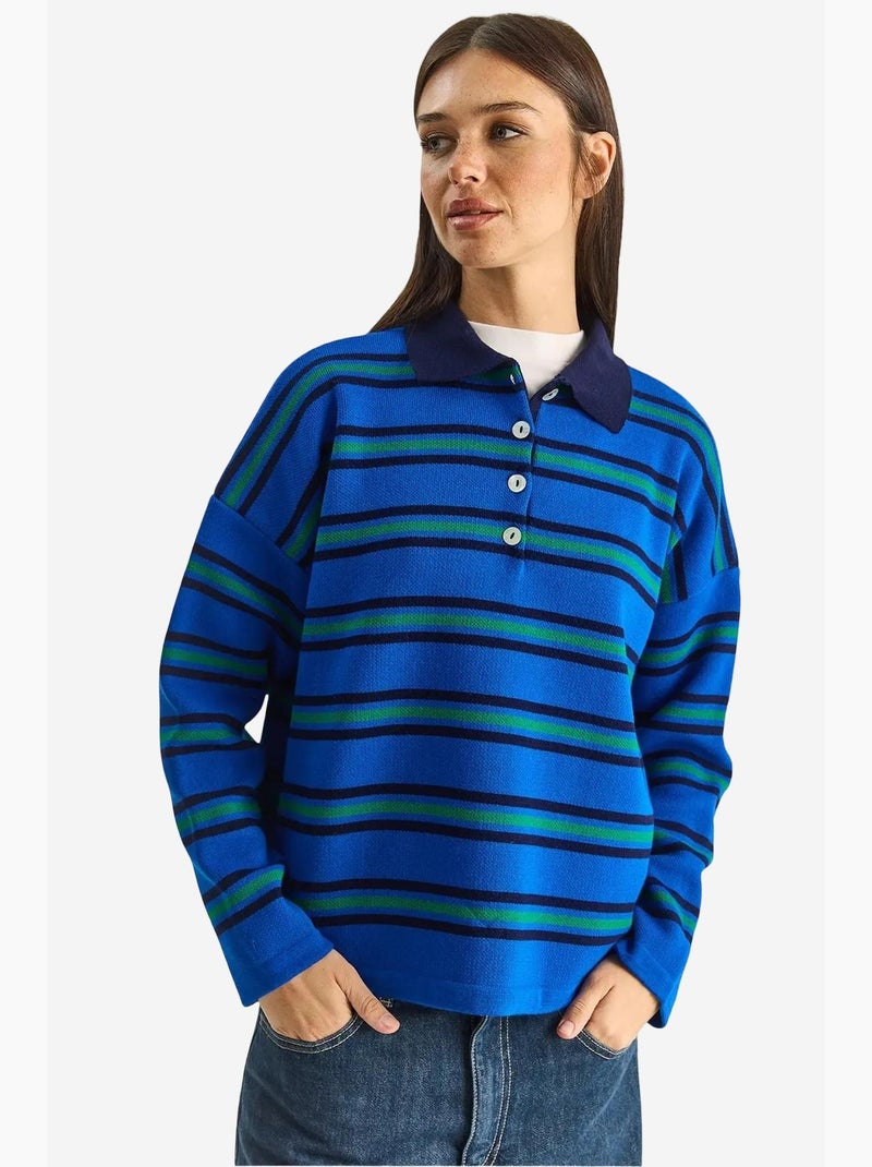 Camisola às riscas com gola polo e botões lucci Azul-elétrico - Kiabi