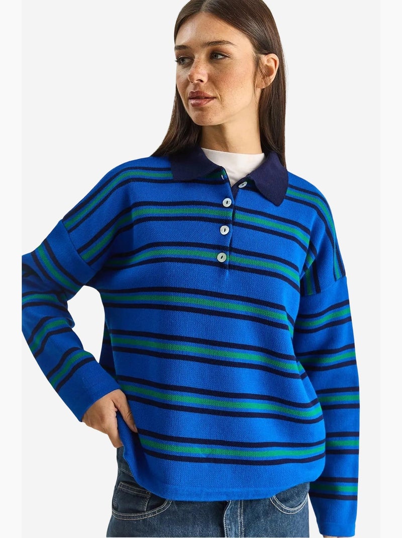 Camisola às riscas com gola polo e botões lucci Azul-elétrico - Kiabi