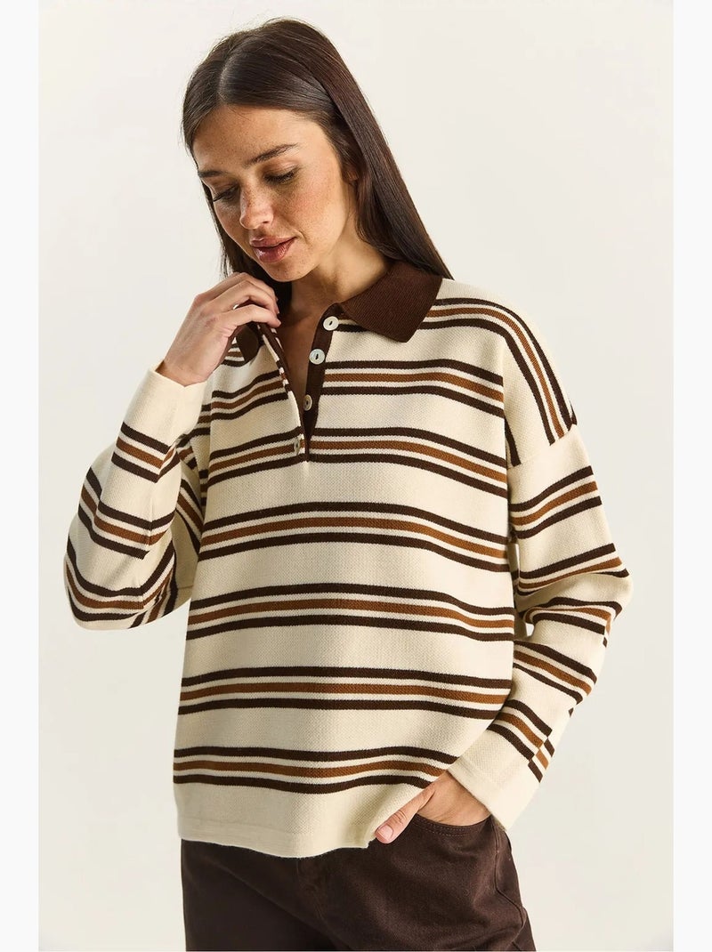 Camisola às riscas com gola polo e botões lucci Creme - Kiabi