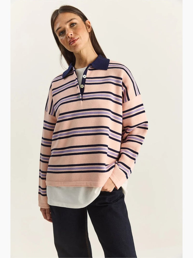 Camisola às riscas com gola polo e botões lucci Rosa-claro - Kiabi