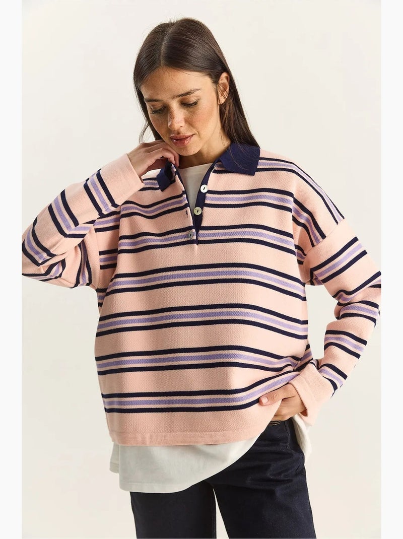 Camisola às riscas com gola polo e botões lucci Rosa-claro - Kiabi