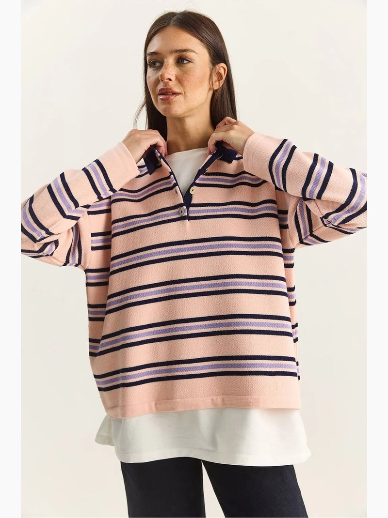 Camisola às riscas com gola polo e botões lucci Rosa-claro - Kiabi