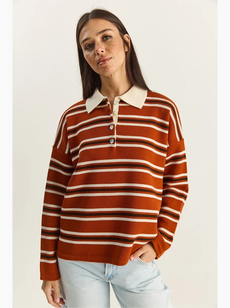 Camisola às riscas com gola polo e botões lucci Terracota - Kiabi