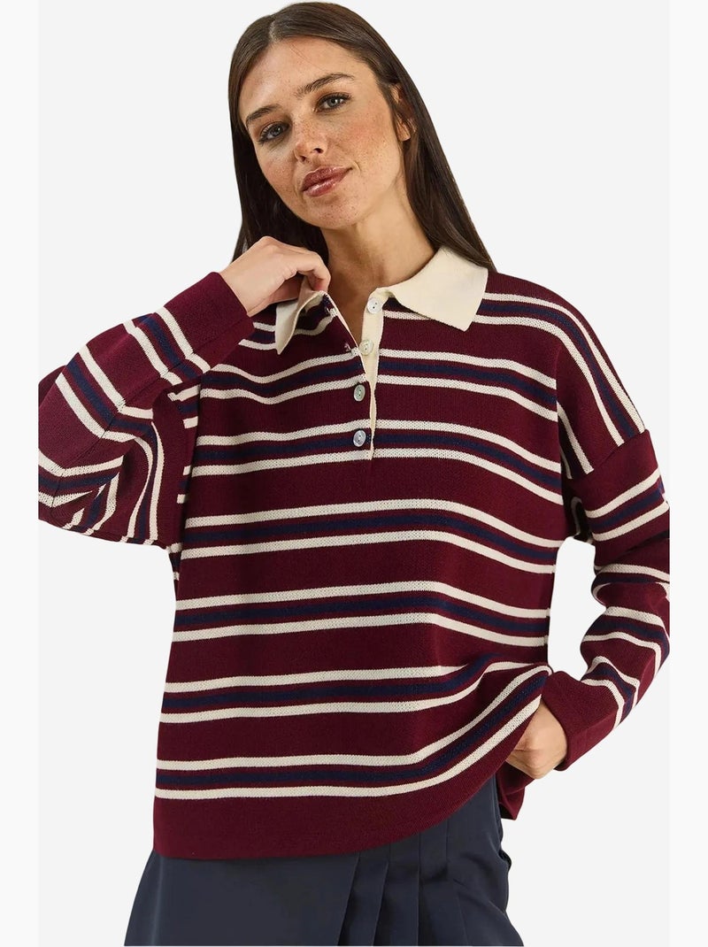 Camisola às riscas com gola polo e botões lucci Vermelho bordô - Kiabi