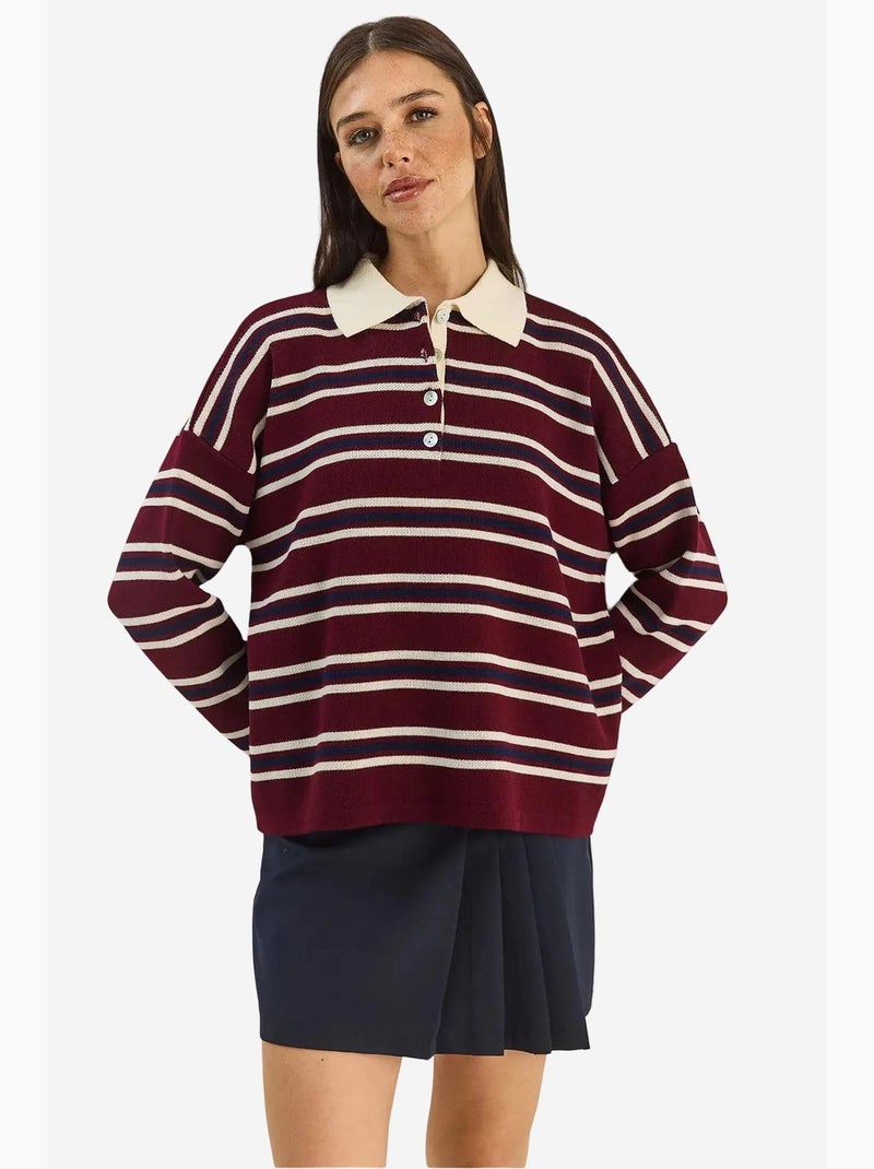 Camisola às riscas com gola polo e botões lucci Vermelho bordô - Kiabi