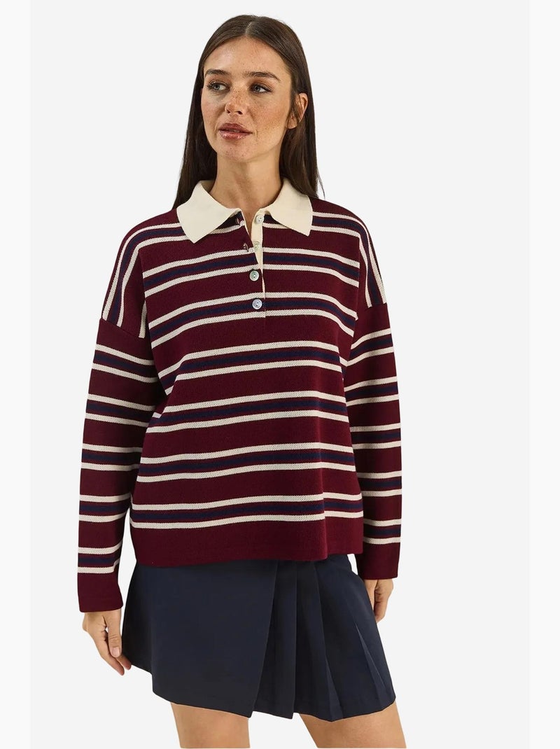 Camisola às riscas com gola polo e botões lucci Vermelho bordô - Kiabi