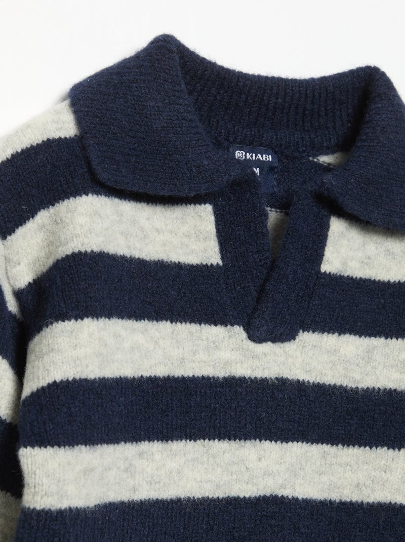 Camisola às riscas com gola polo não abotoada Azul - Kiabi