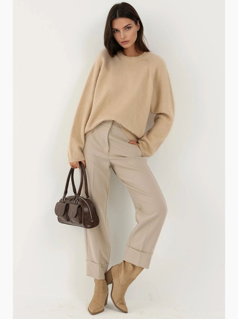 Camisola básica de gola redonda com textura suave hiccup Bege - Kiabi