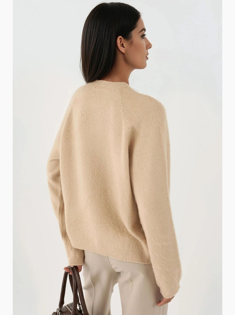 Camisola básica de gola redonda com textura suave hiccup Bege - Kiabi