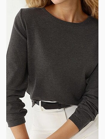 Camisola básica de gola redonda em mistura de viscose hiccup