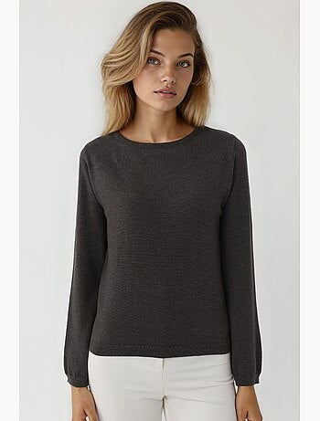 Camisola básica de gola redonda em mistura de viscose hiccup