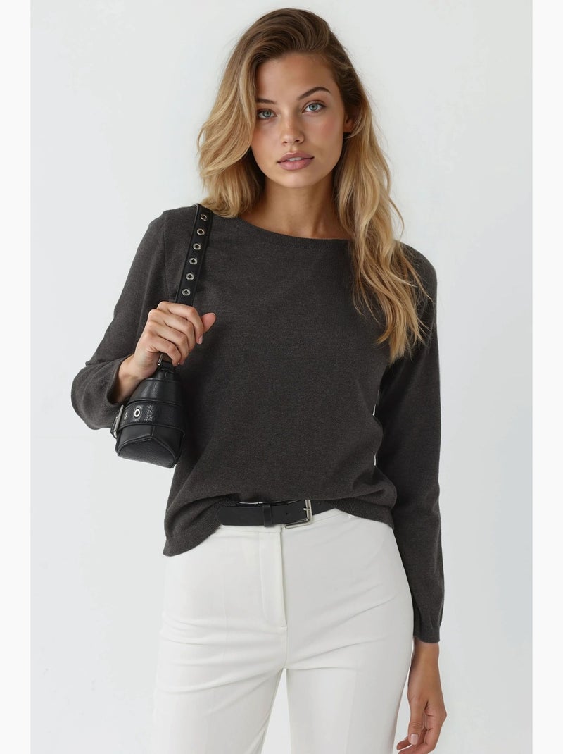 Camisola básica de gola redonda em mistura de viscose hiccup Cinza-preto - Kiabi
