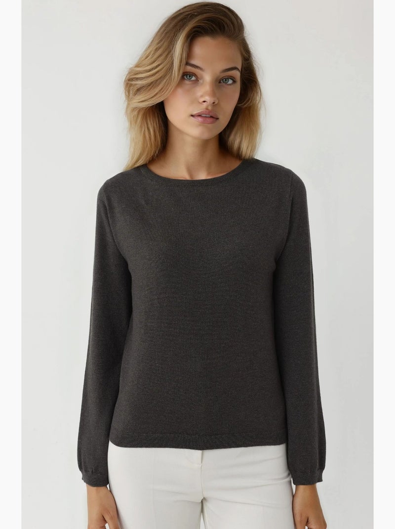 Camisola básica de gola redonda em mistura de viscose hiccup Cinza-preto - Kiabi