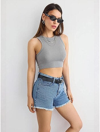 Camisola básica de gola redonda em tecido hiccup