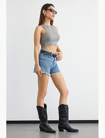 Camisola básica de gola redonda em tecido hiccup