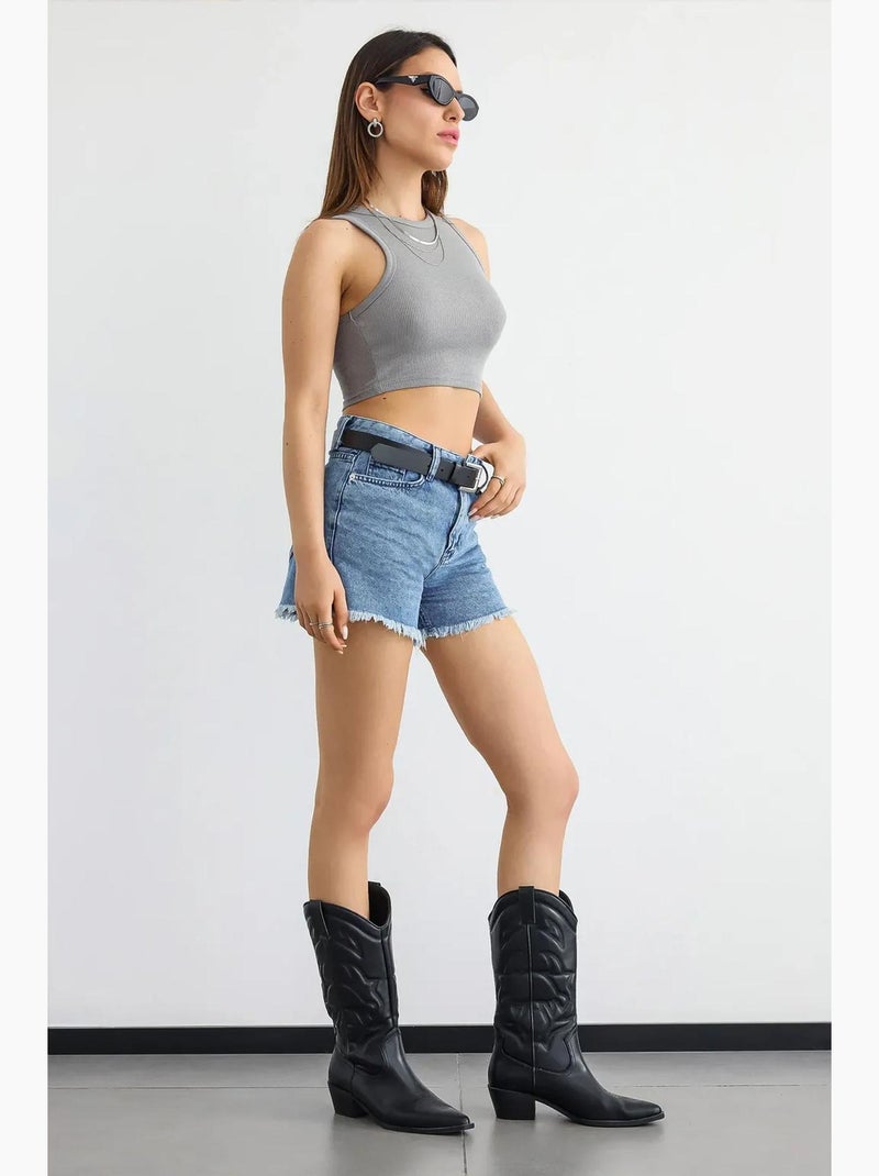 Camisola básica de gola redonda em tecido hiccup Cinza - Kiabi