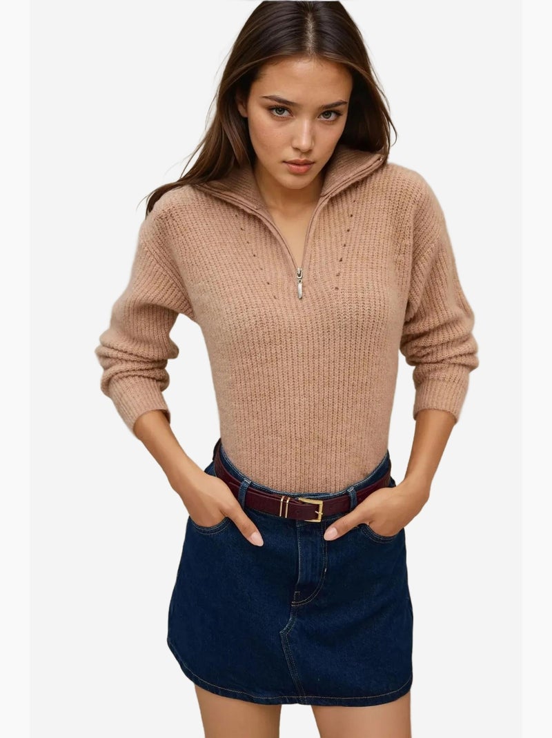 Camisola básica de malha com gola de fecho hiccup Bege - Kiabi