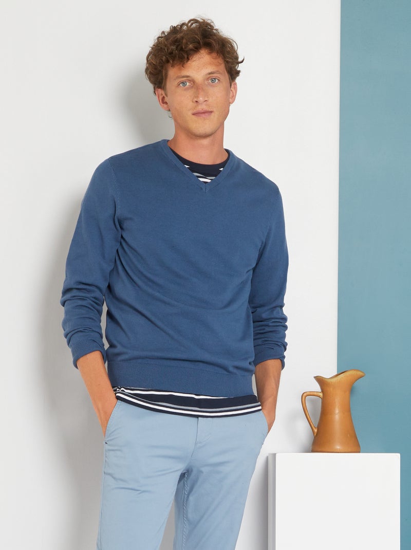 Camisola básica de malha lisa Azul Escuro - Kiabi