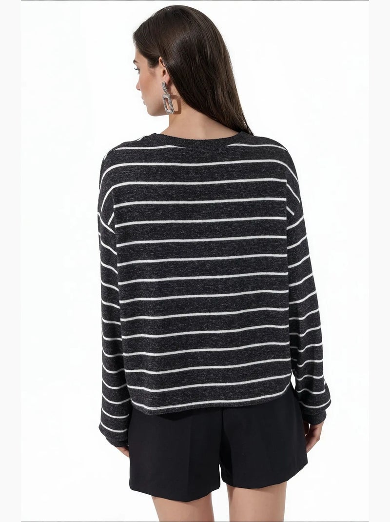 Camisola canelada às riscas com gola redonda busem Cinza-preto - Kiabi