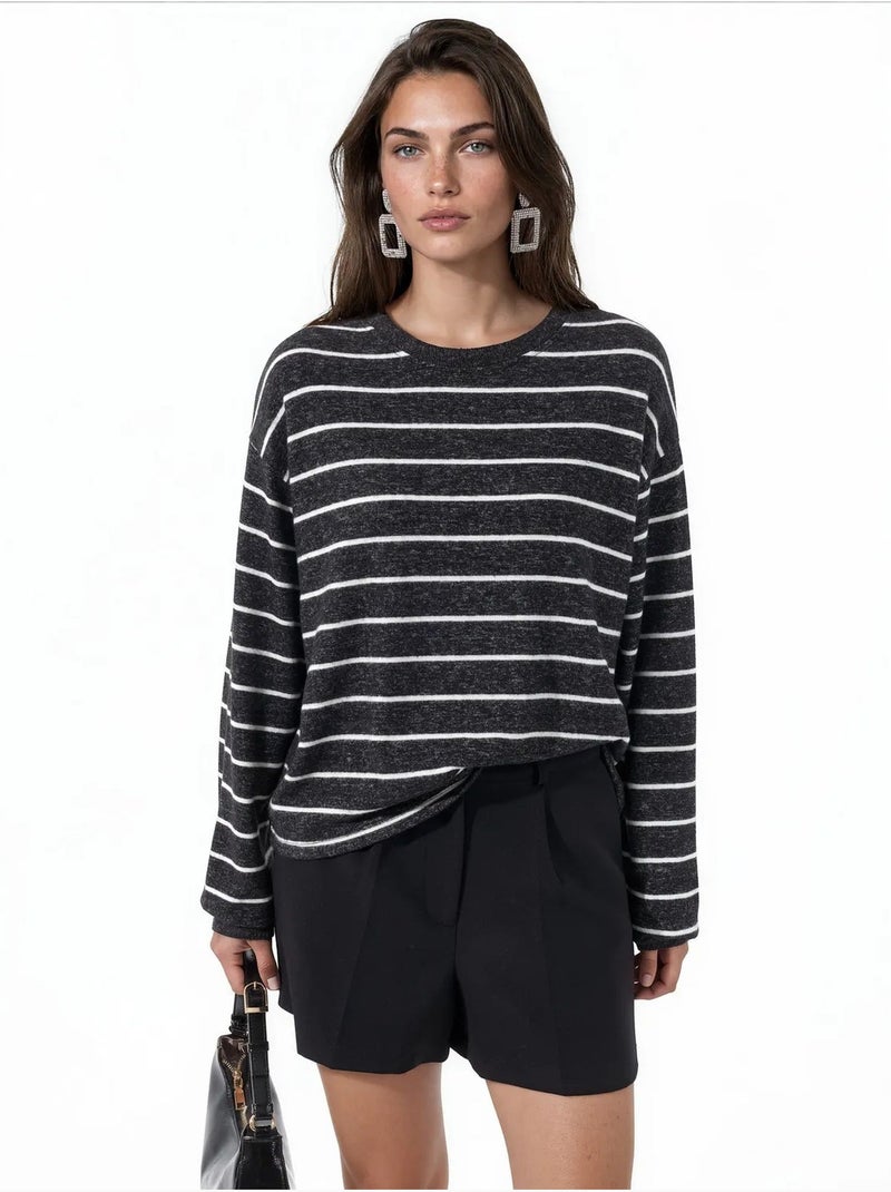 Camisola canelada às riscas com gola redonda busem Cinza-preto - Kiabi