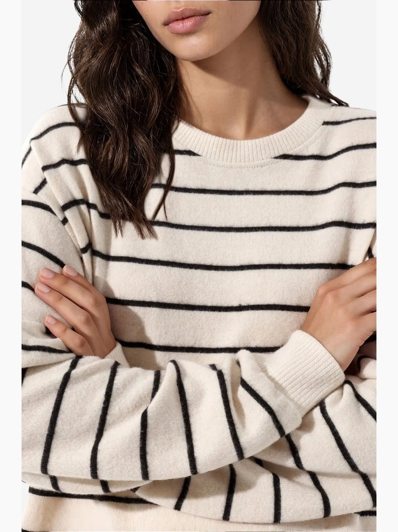 Camisola canelada às riscas com gola redonda busem Multicolorido - Kiabi